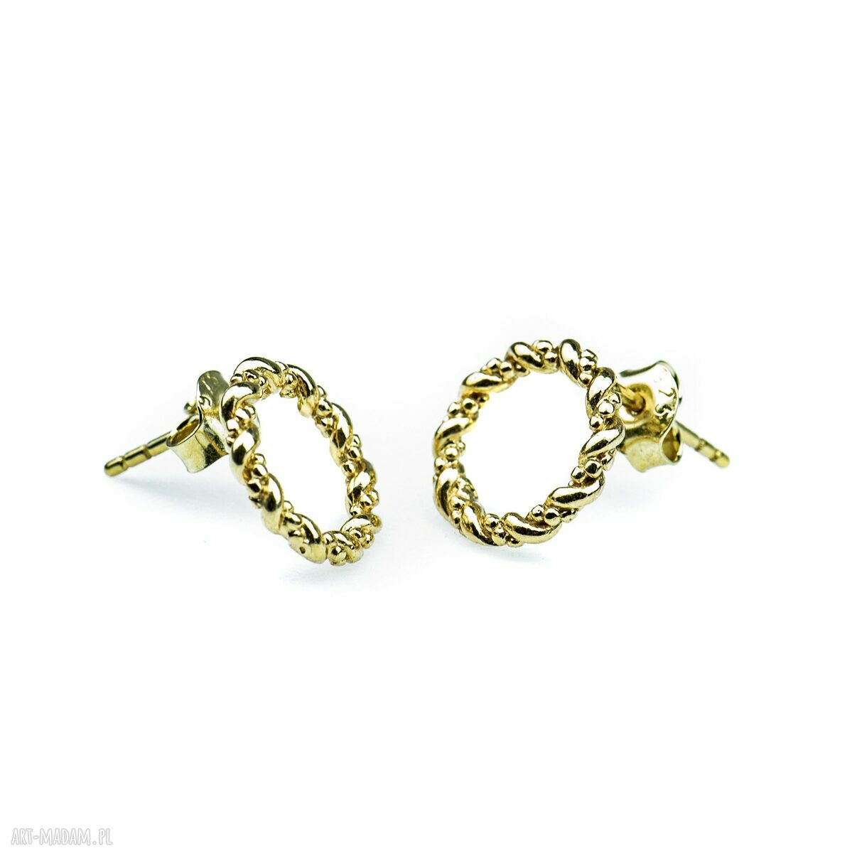 Kolczyki Plecione kółka - srebro 925, pozłacane 24k, sztyfty 10 mm