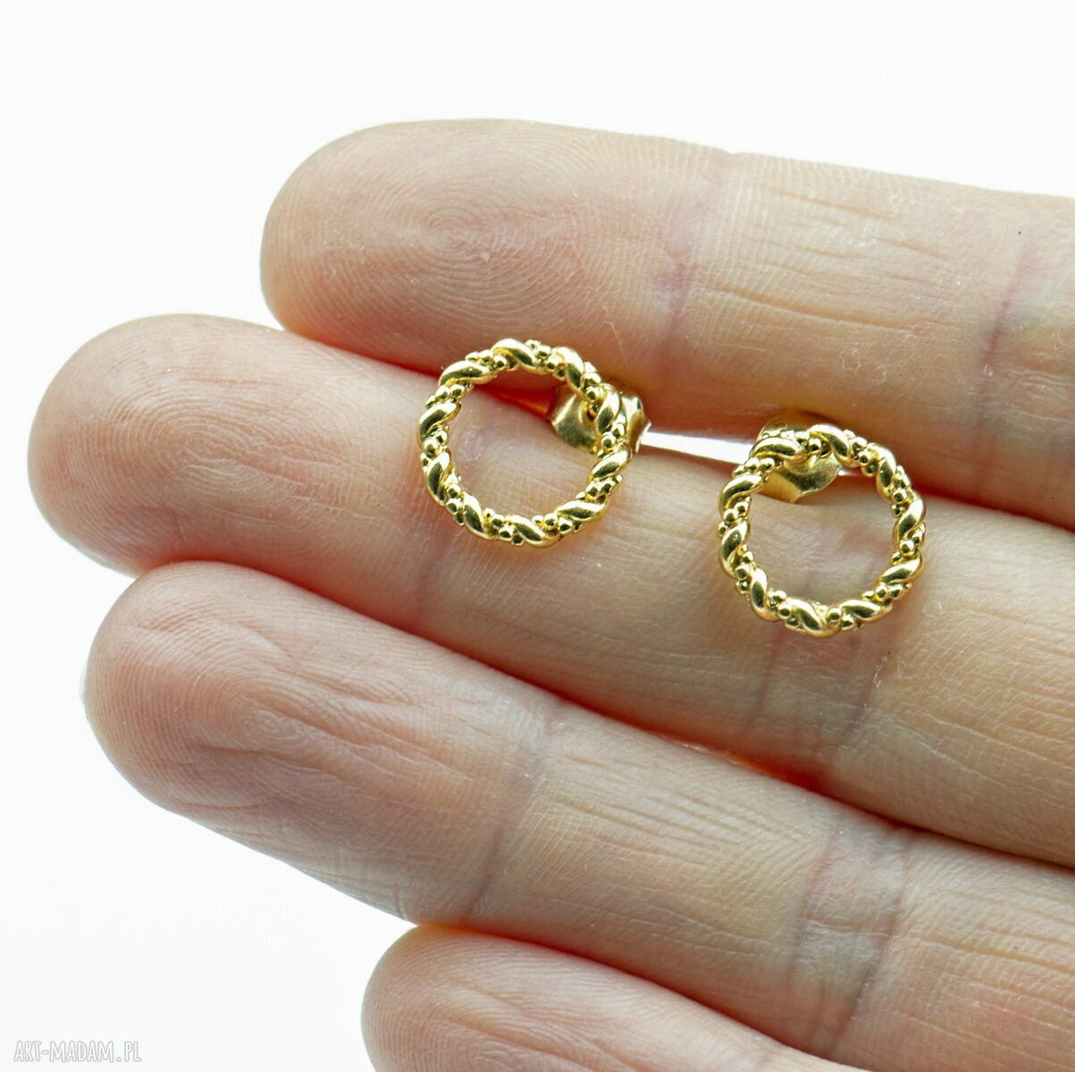 Kolczyki Plecione kółka - srebro 925, pozłacane 24k, sztyfty 10 mm
