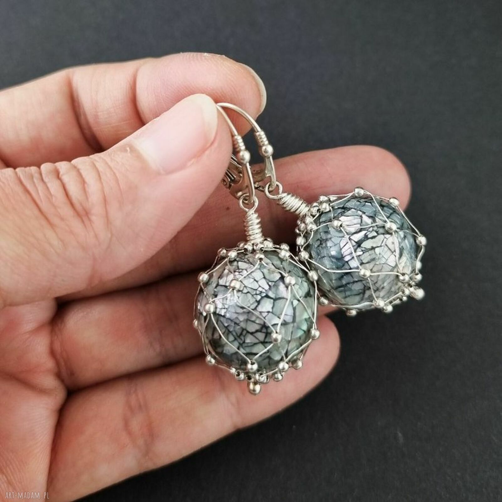Pleciony komplet Abalone z muszlą Paua - kolczyki i wisiorek w technice wire wrapping