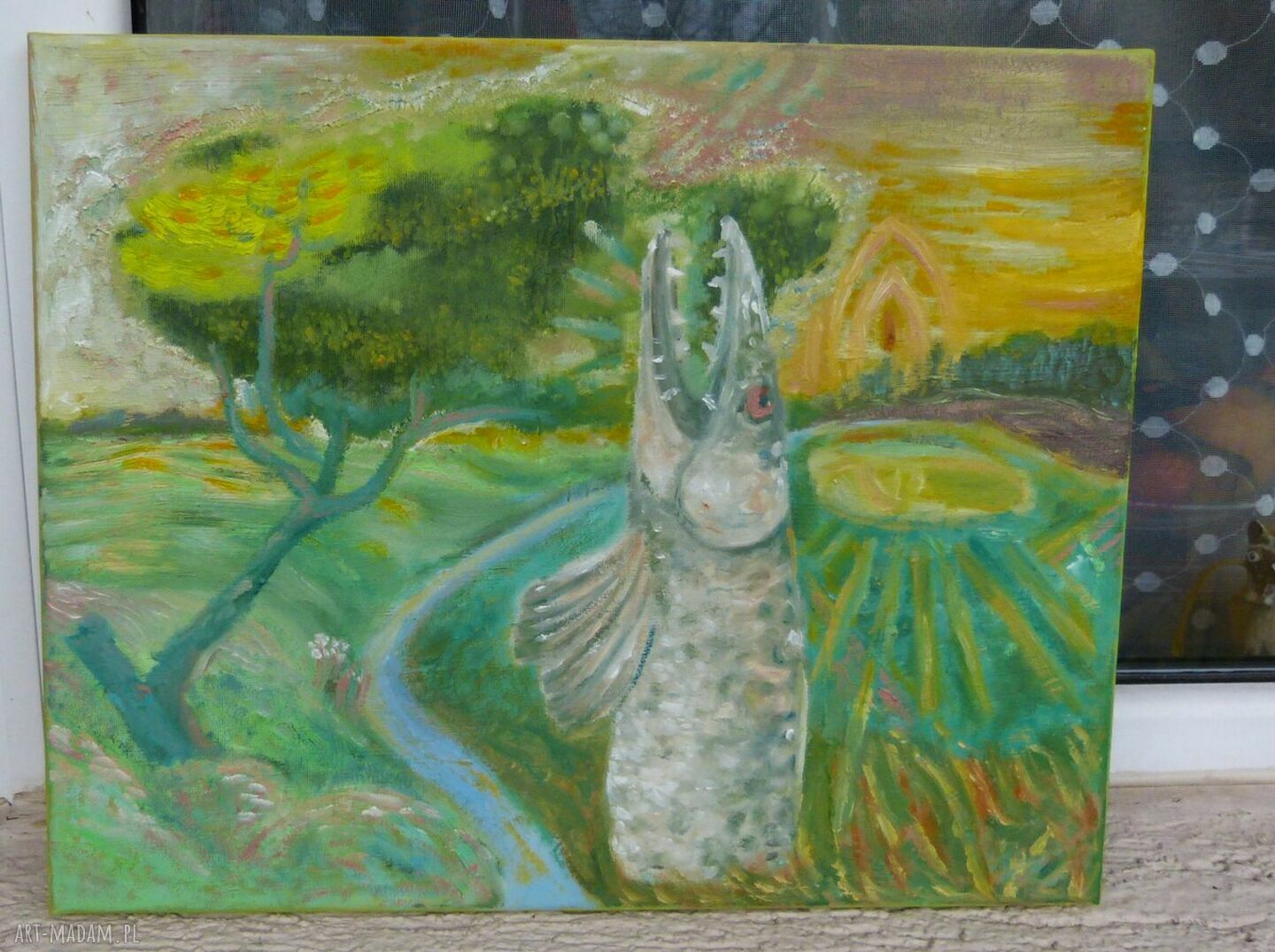 Nagły zwrot akcji - surrealistyczny obraz olejny z rybą (50x40 cm)