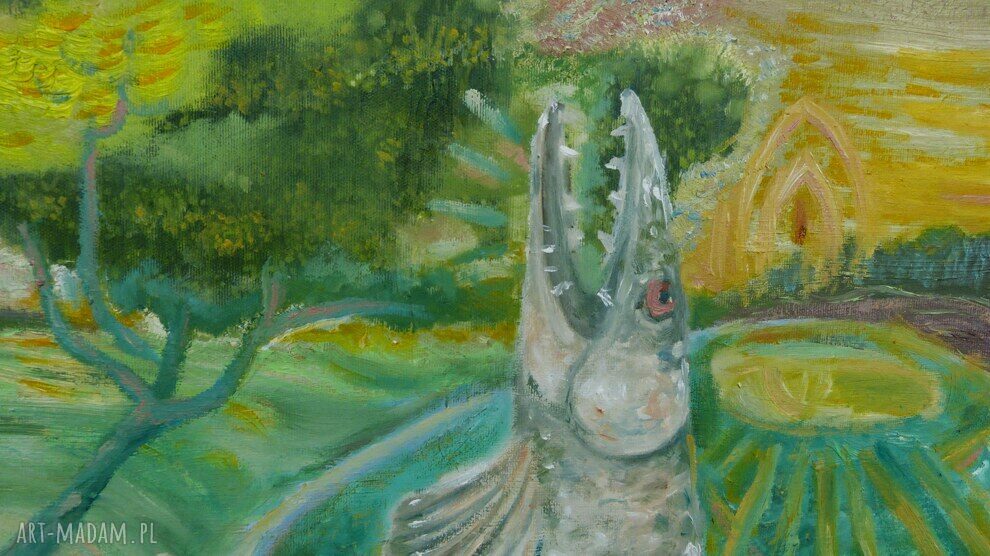 Nagły zwrot akcji - surrealistyczny obraz olejny z rybą (50x40 cm)