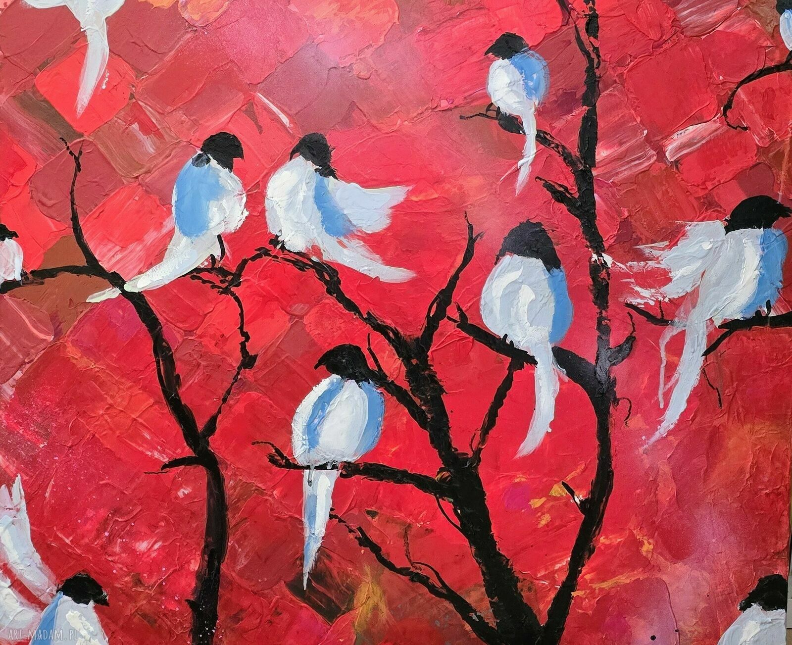 Obraz akrylowy 60x50 cm - kolorowy pejzaż z ptasimi akcentami, gotowy do zawieszenia