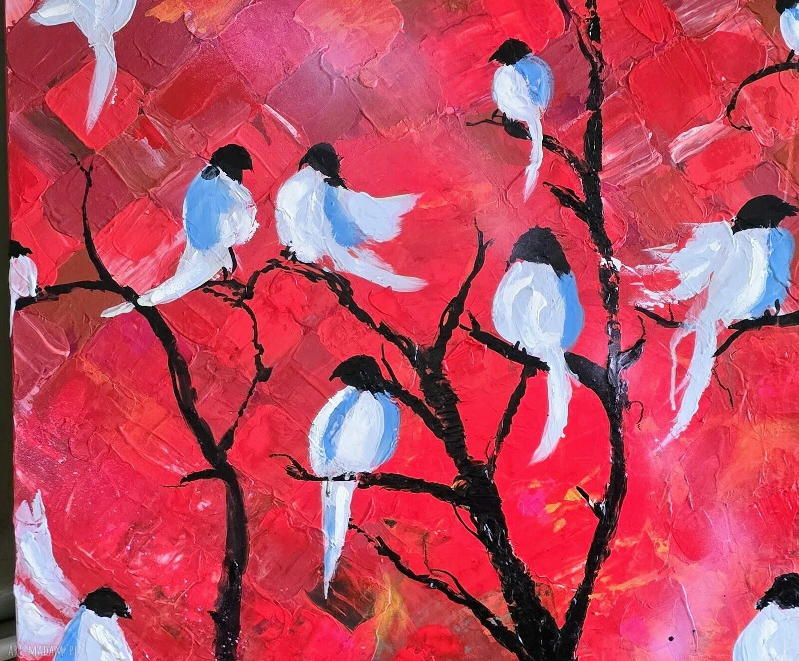 Obraz akrylowy 60x50 cm - kolorowy pejzaż z ptasimi akcentami, gotowy do zawieszenia