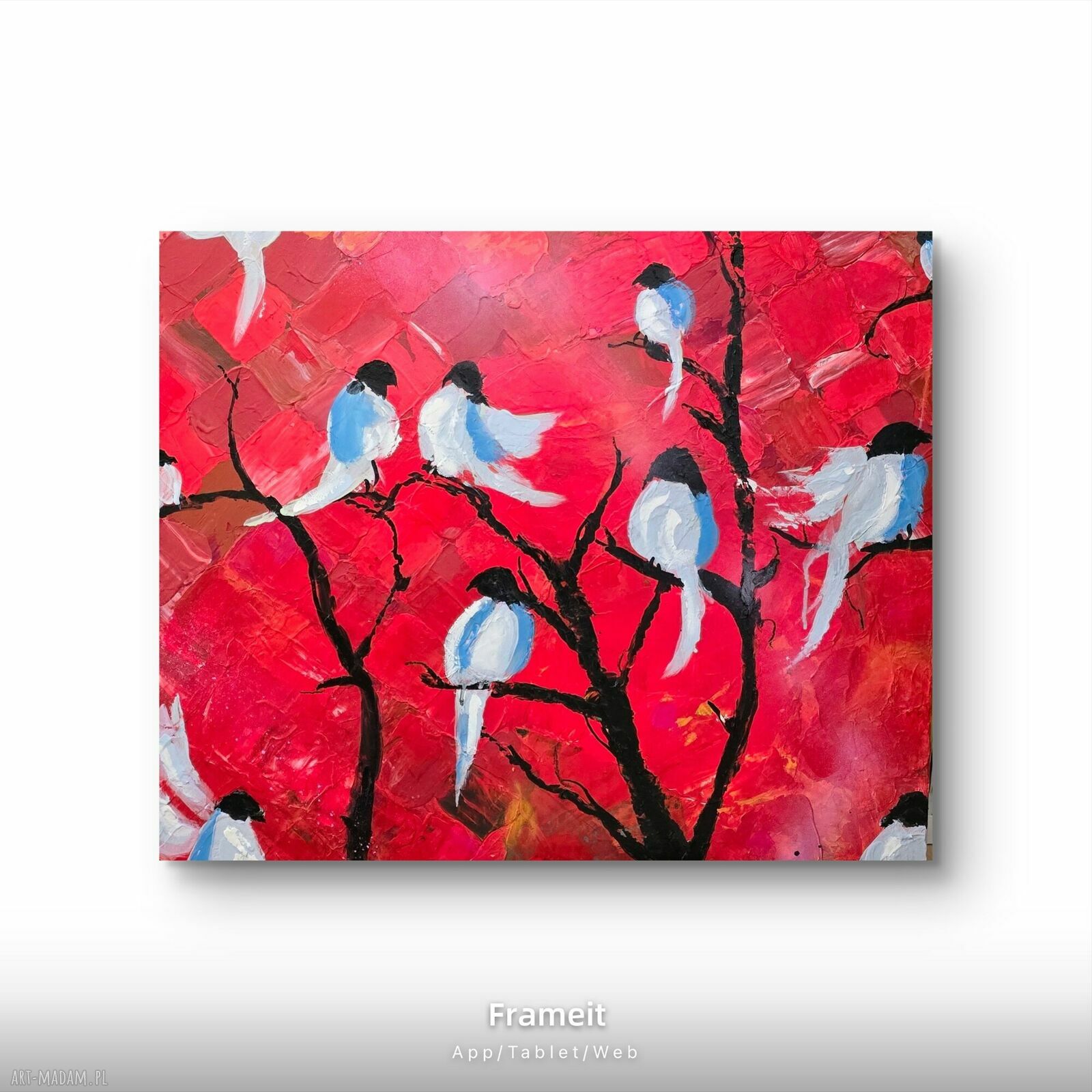 Obraz akrylowy 60x50 cm - kolorowy pejzaż z ptasimi akcentami, gotowy do zawieszenia