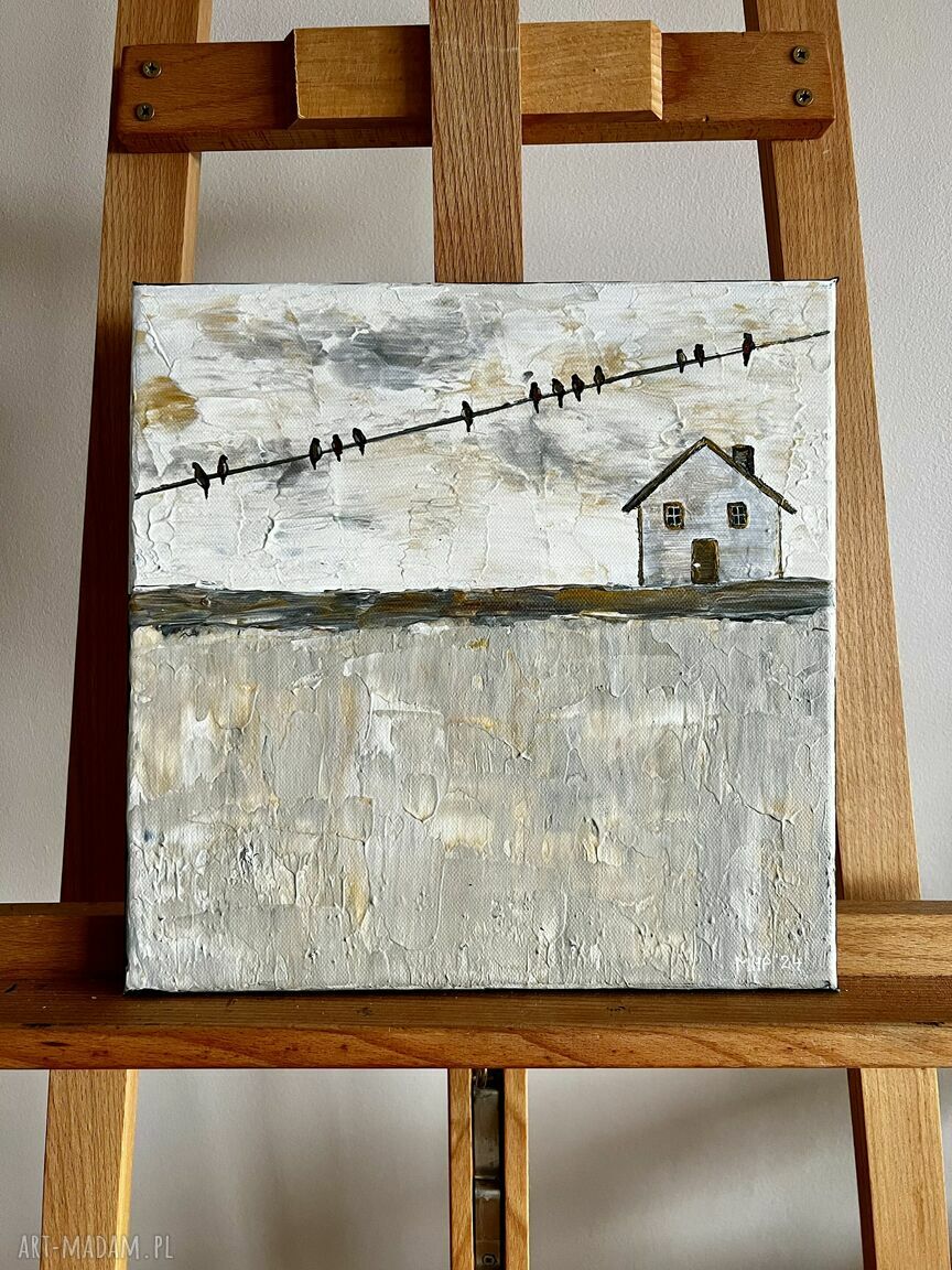 Plotki - abstrakcyjny obraz z ptakami, 30x30 cm, akryl strukturalny
