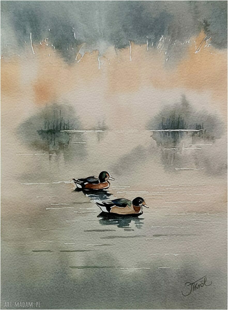 Płynąca natura - akwarela 23x31 cm z kaczkami i pejzażem oryginał