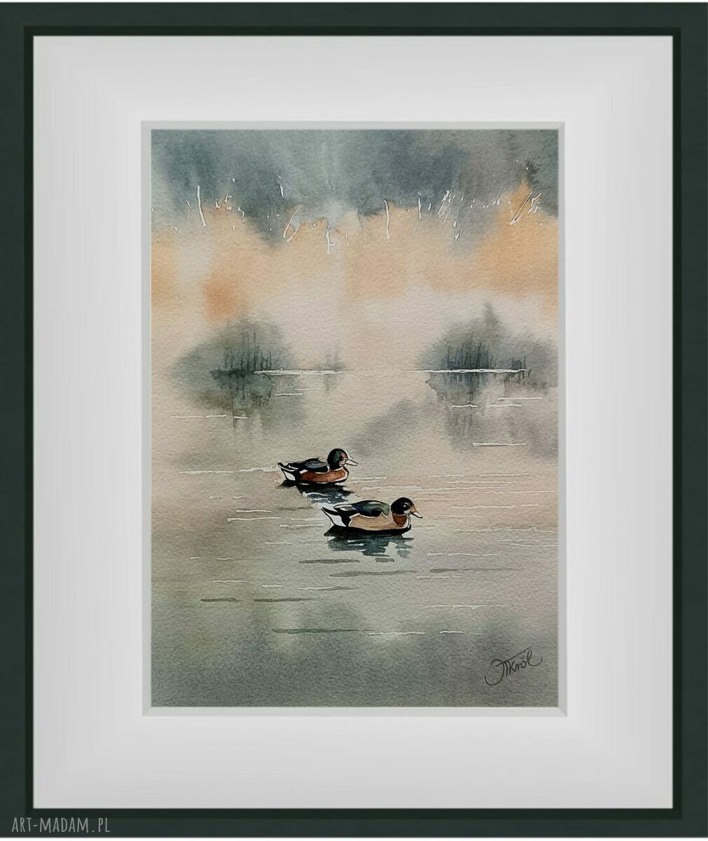 Płynąca natura - akwarela 23x31 cm z kaczkami i pejzażem (oryginał)