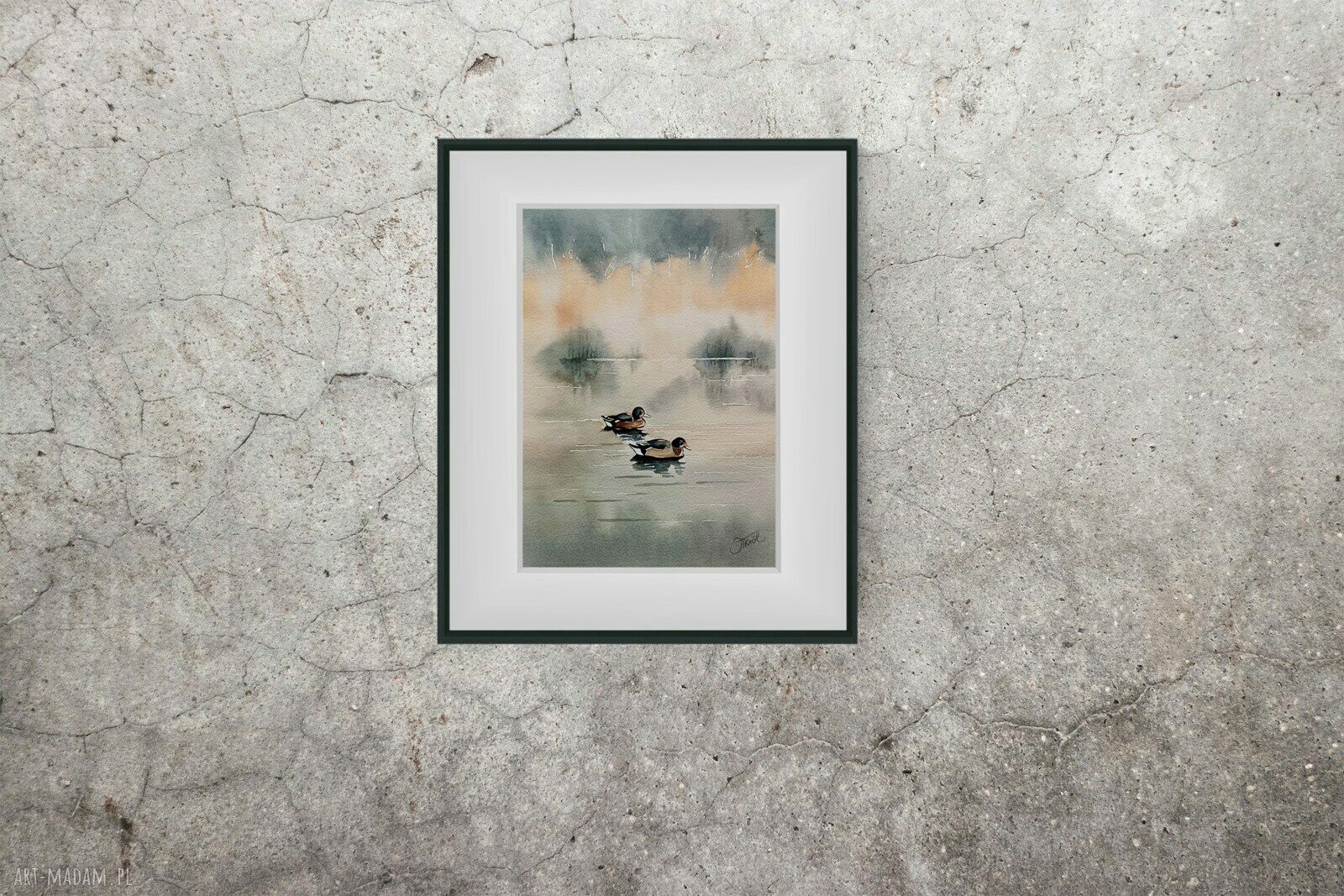 Płynąca natura - akwarela 23x31 cm z kaczkami i pejzażem (oryginał)