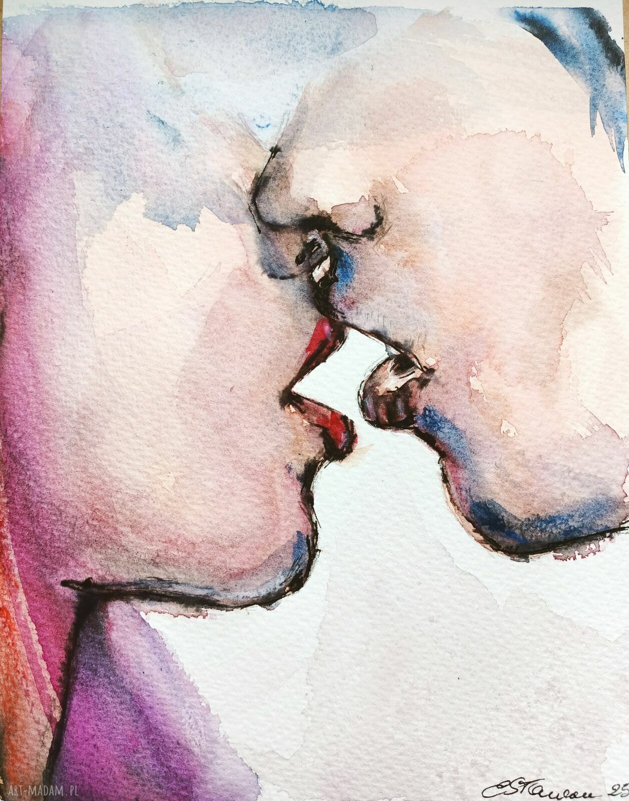 Pocałunek - akwarela obraz 19x26 cm na papierze