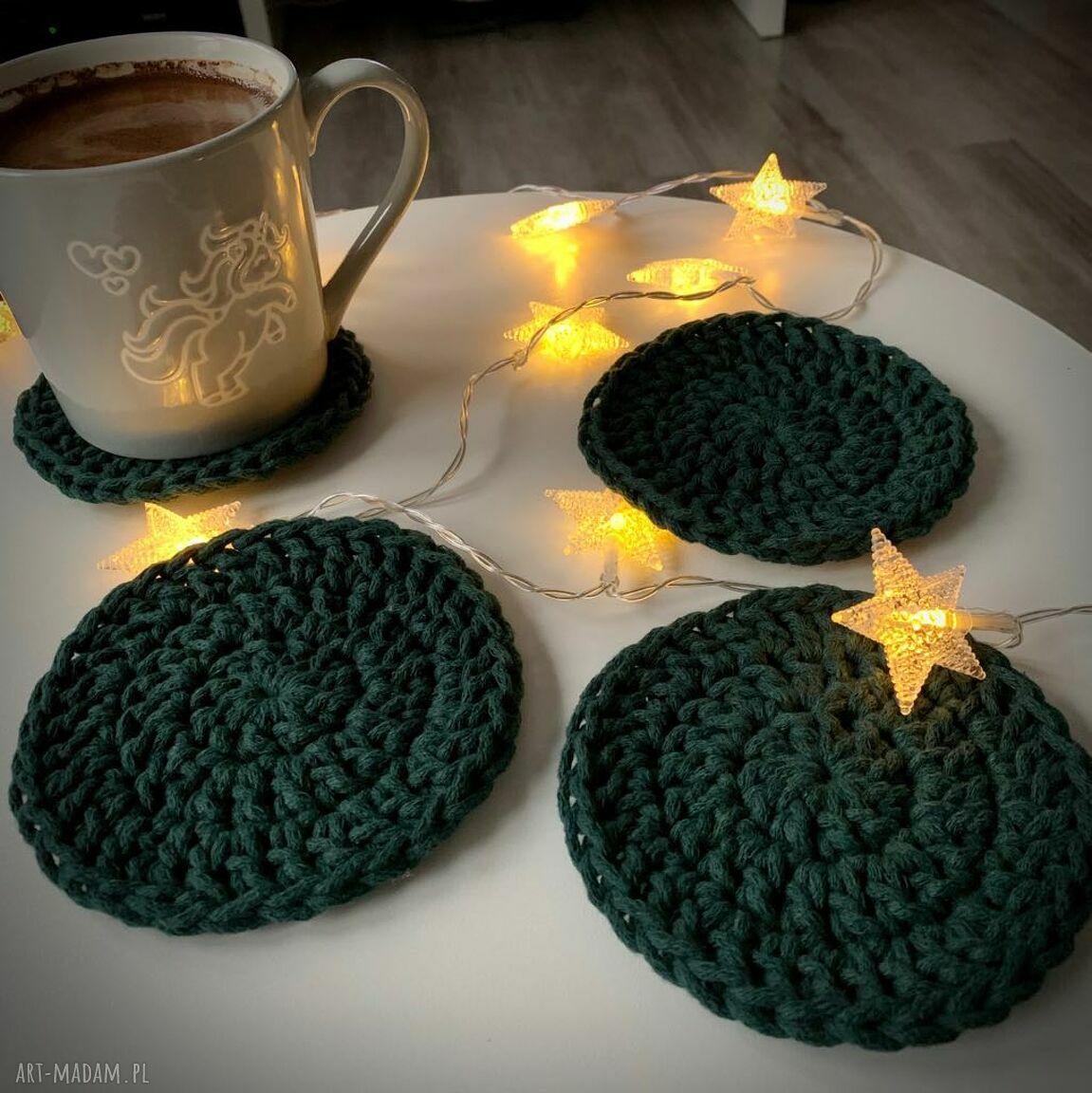 Podkładki pod kubki handmade ze sznurka bawełnianego na szydełku (komplet 4 szt.)