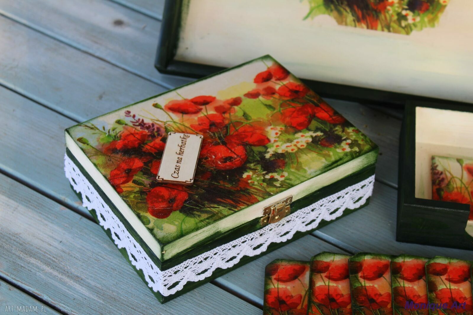 Podkładki pod kubki z motywem maków - shabby chic w pudełku
