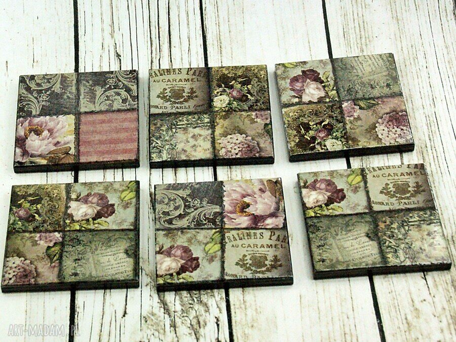 Podkładki pod kubki Vintage - komplet 6 drewnianych sztuk
