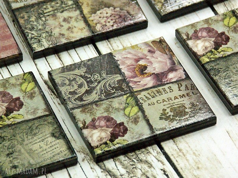 Podkładki pod kubki Vintage - komplet 6 drewnianych sztuk