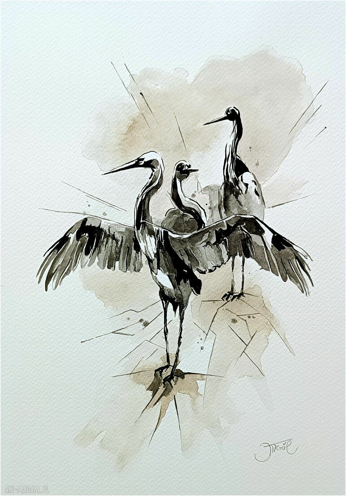 Pod skrzydłami - oryginalna akwarela żurawie 24x32 cm bez oprawy