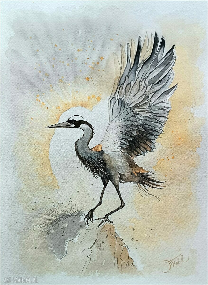 Pod skrzydłami wolności - akwarela z żurawiami, oryginał 23 x 31 cm
