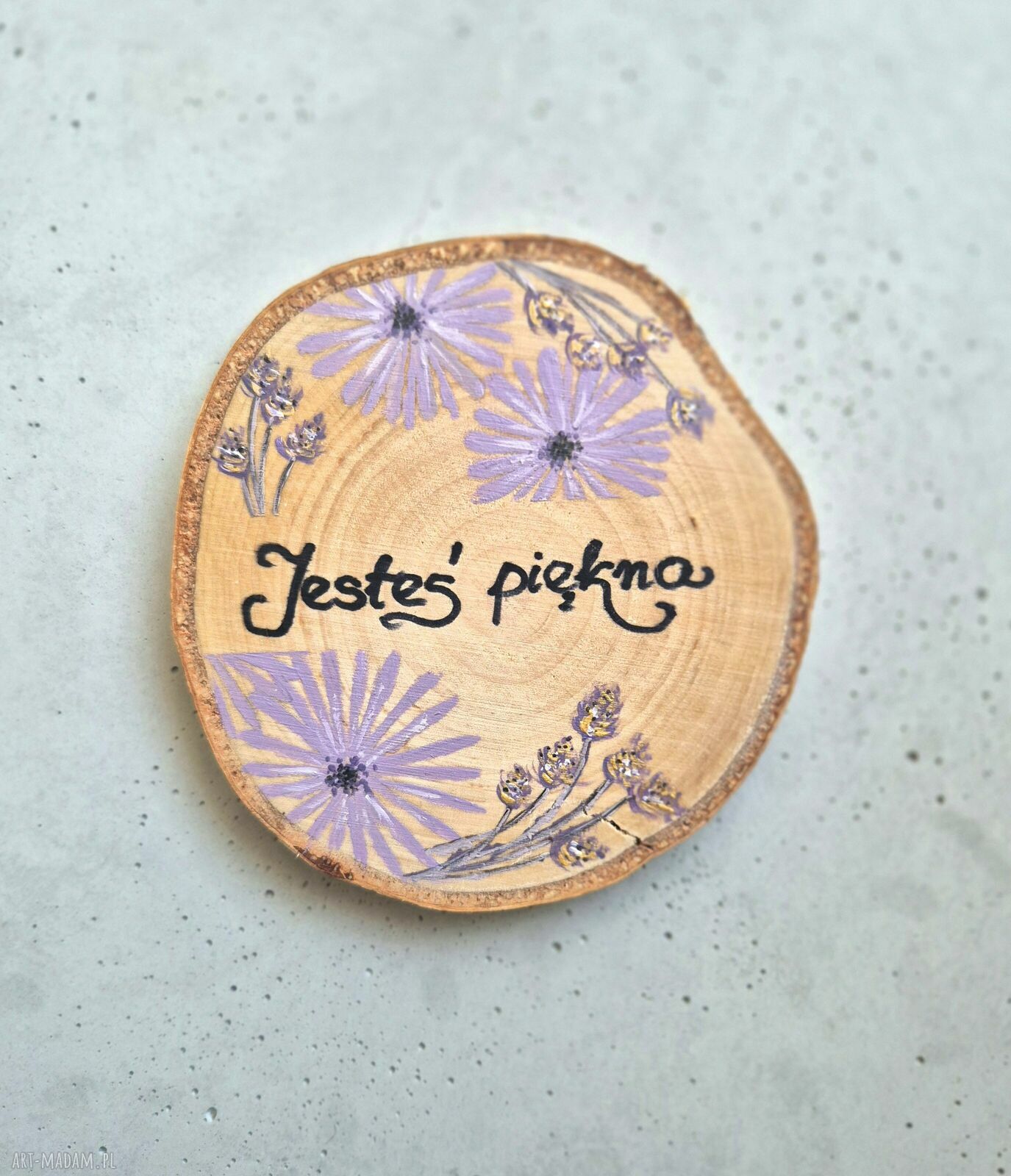Podkładka pod kubek „Jesteś piękna” z astrami - rustykalna handmade