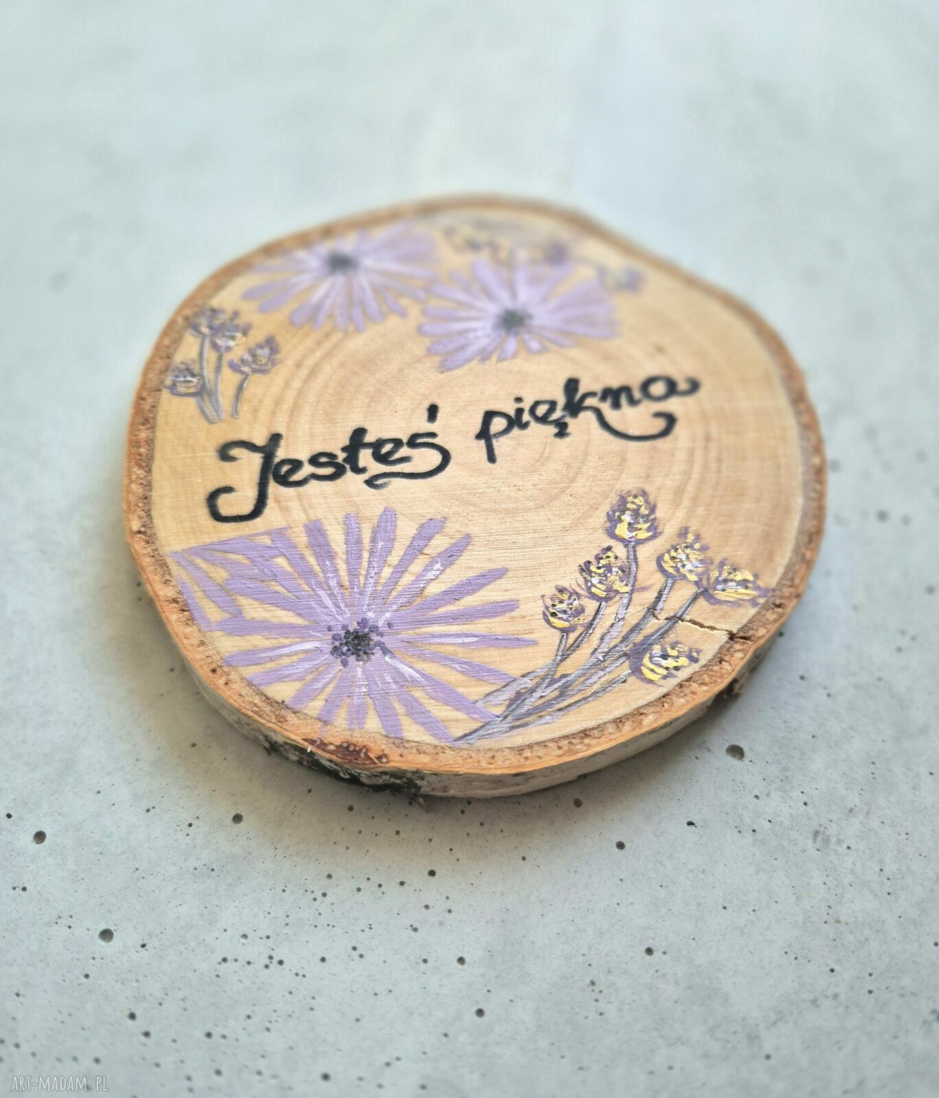 Podkładka pod kubek „Jesteś piękna” z astrami - rustykalna handmade