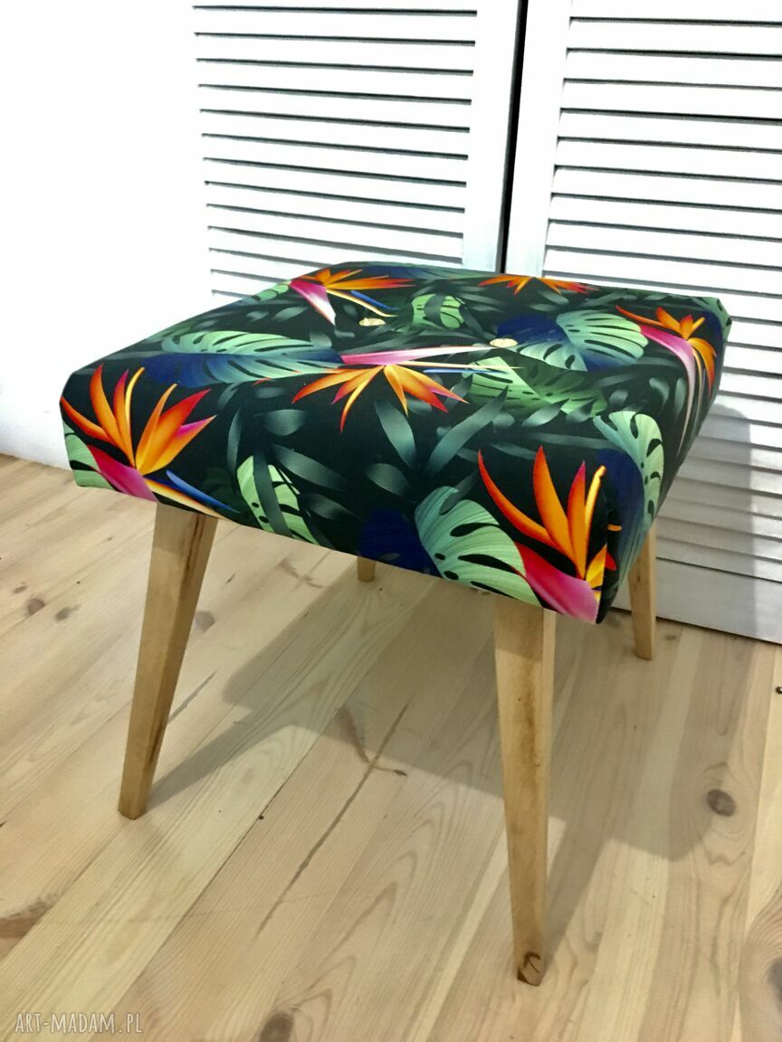 Podnóżek / taboret Kolorowe Liście - welur tapicerski PRL vintage