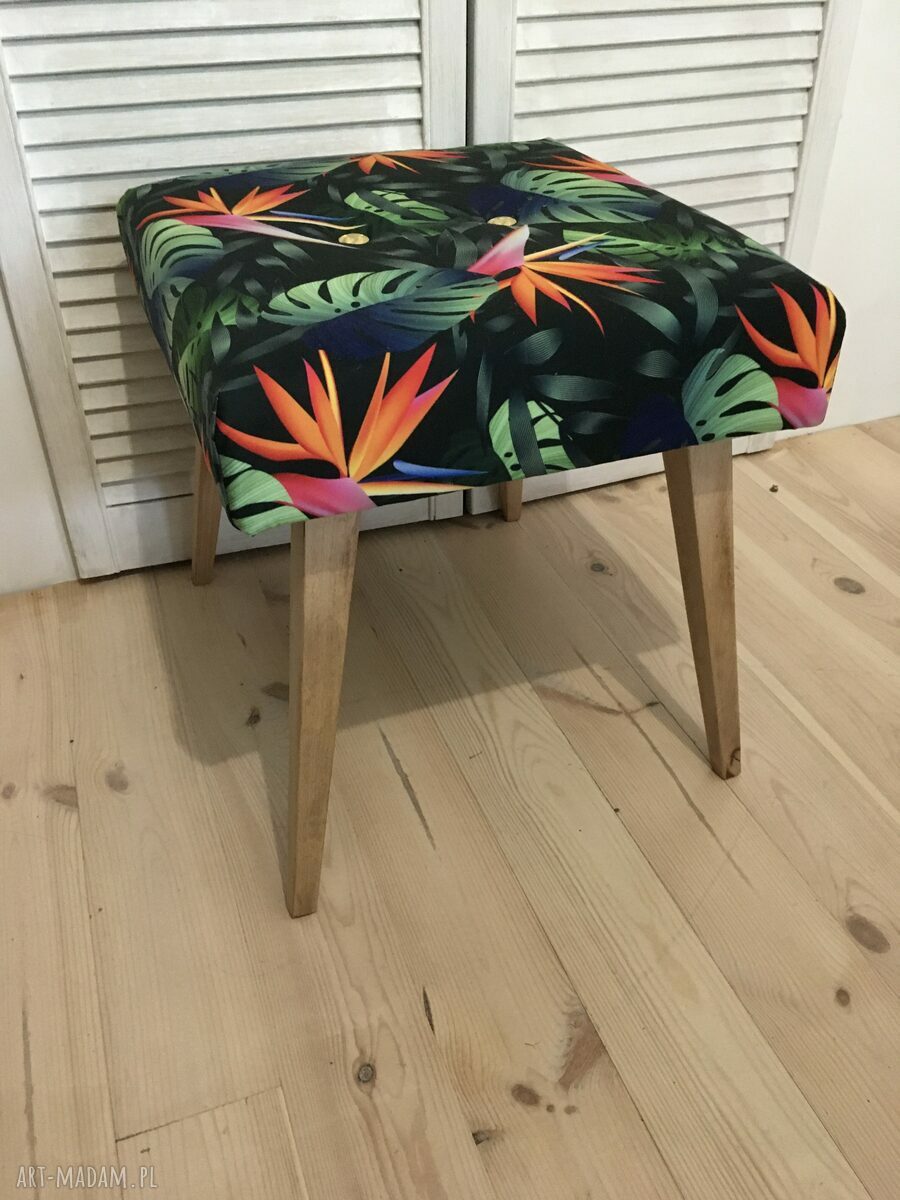 Podnóżek / taboret Kolorowe Liście - welur tapicerski PRL vintage