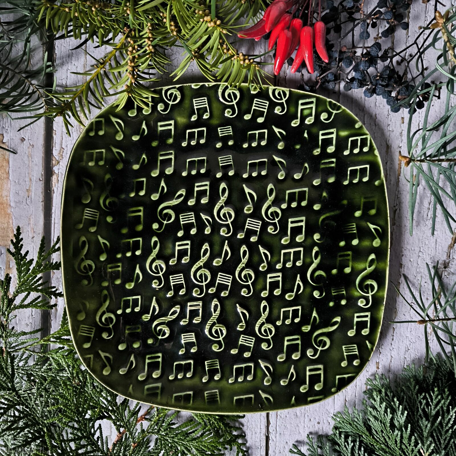 Duża ceramiczna podstawka z nutkami - ciemnozielona