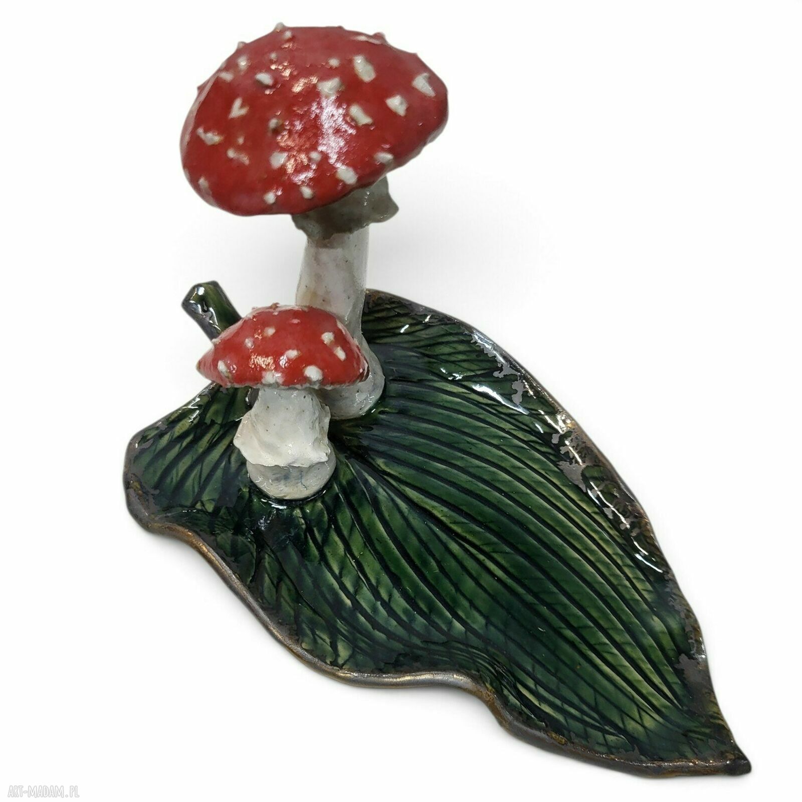 Ceramiczna podstawka pod kadzidło w kształcie liścia z muchomorem