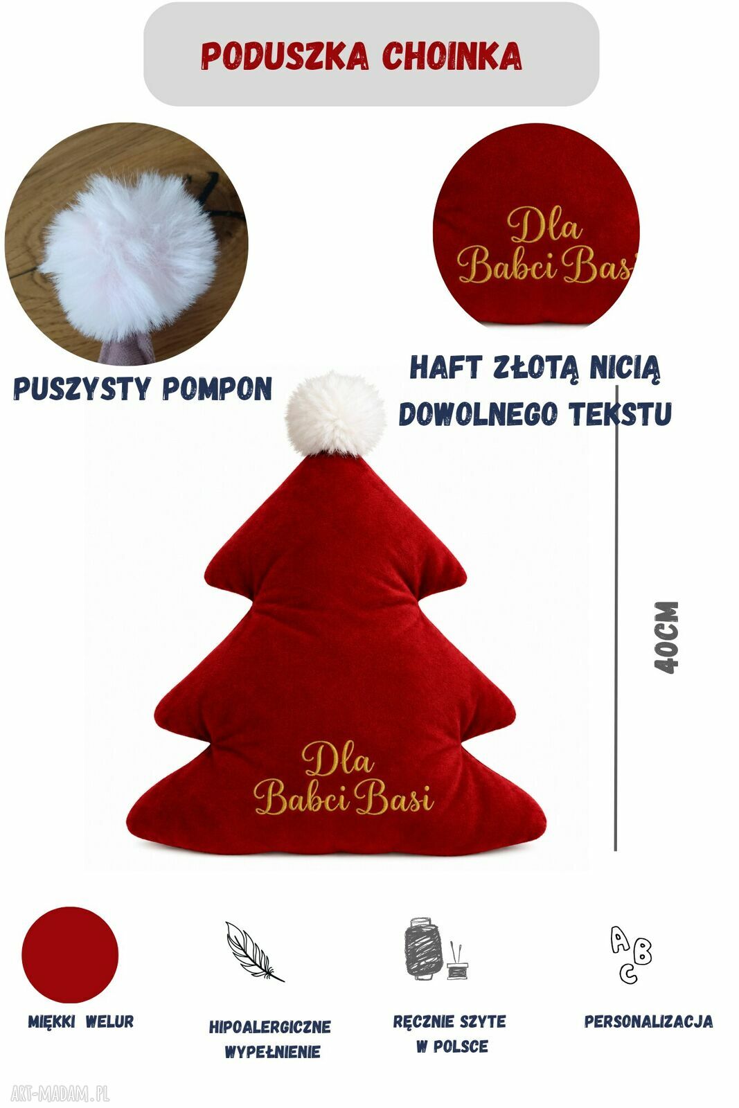 Poduszka choinka z personalizowanym złotym haftem