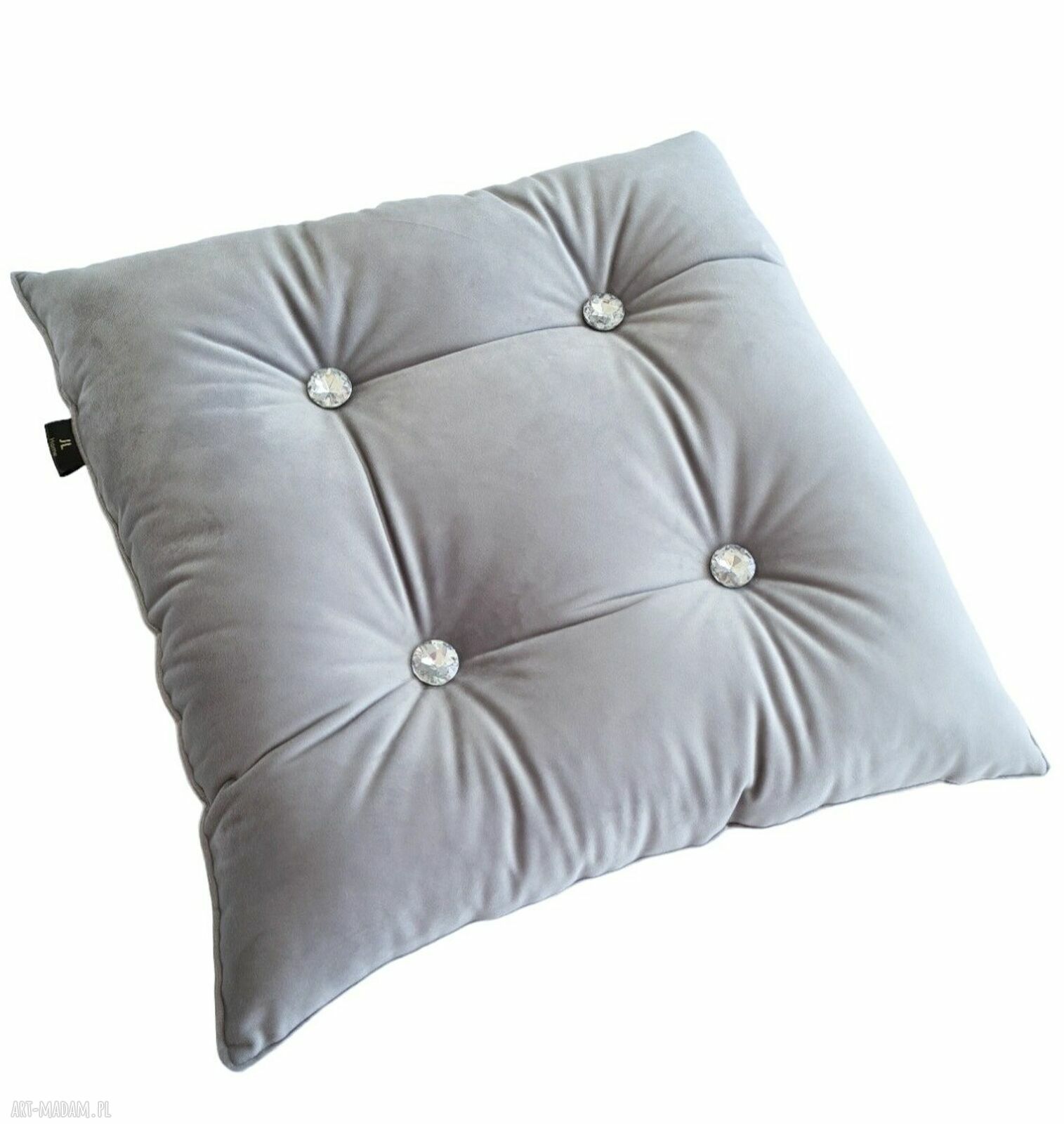 Jasnoszara poduszka glamour z weluru 42x42 - diamentowe guziki