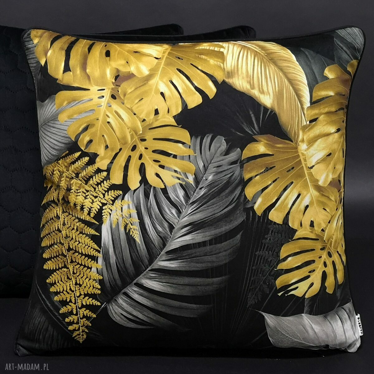 Poduszka Monstera złote liście welur 45x45 cm W2
