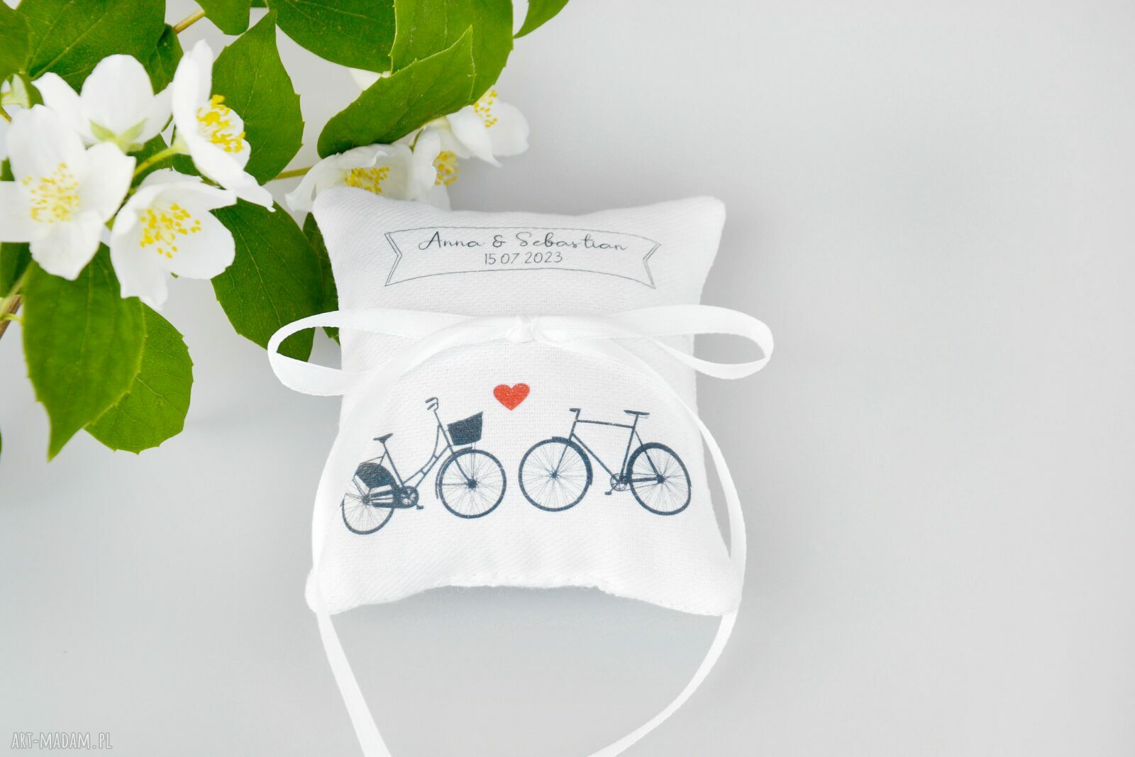 Poduszka na obrączki z nadrukiem Rowery - personalizowany prezent ślubny