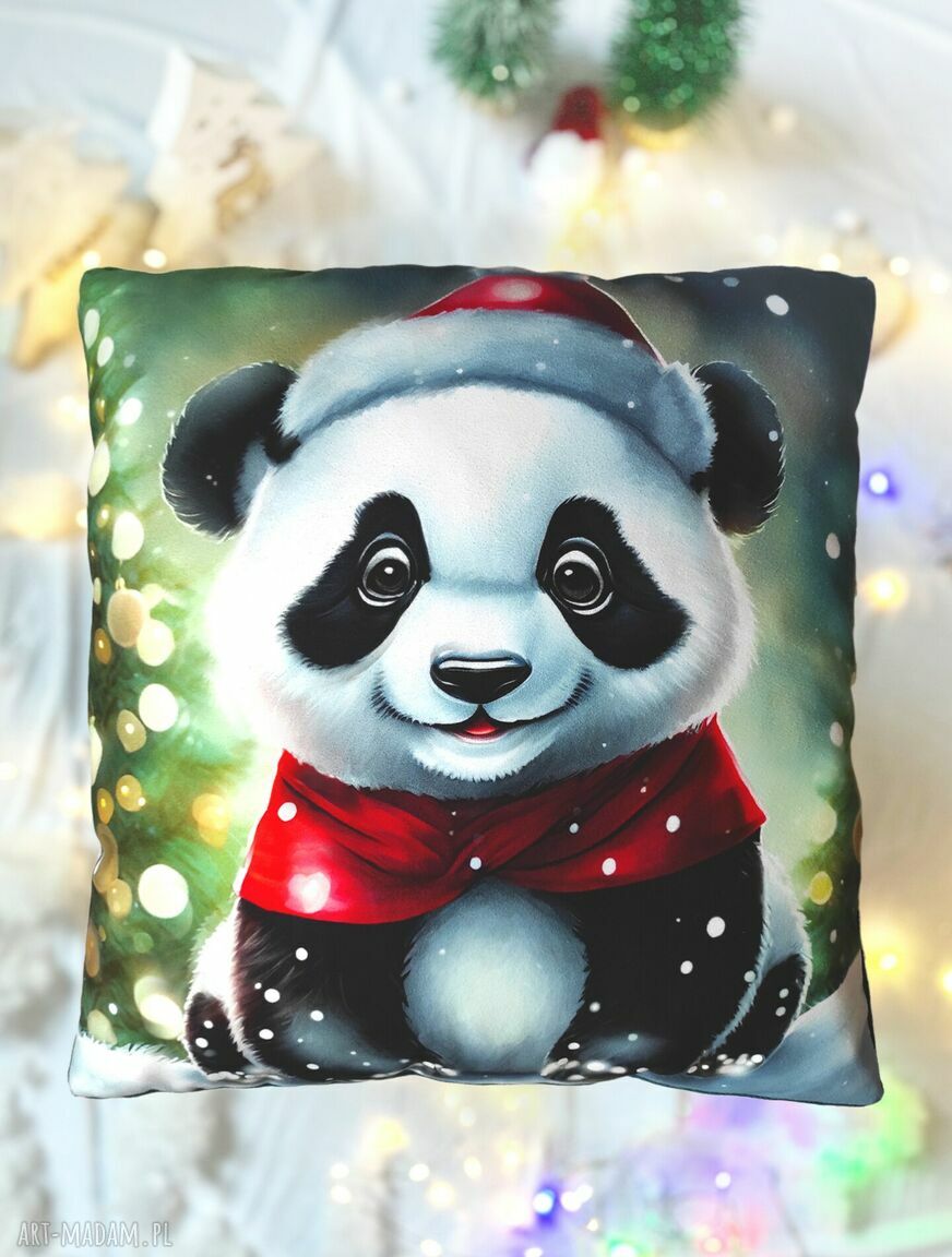 Świąteczna poduszka panda z motywem Mikołaja 40x40 cm