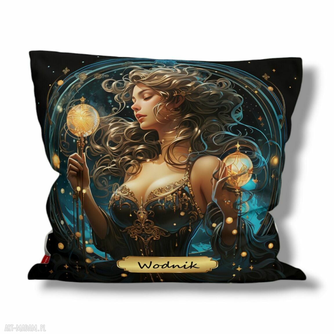 Poduszka znak zodiaku Wodnik - horoskop, czarna welurowa miękkość (42x42 cm)