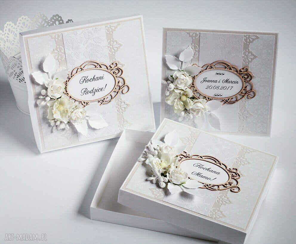 Zaproszenia i podziękowania dla rodziców w stylu scrapbooking - białe kwiaty