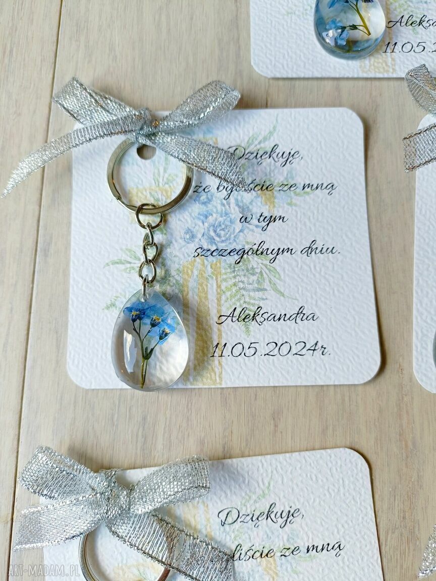 Podziękowania dla gości Komunia i Ślub - brelok z niezapominajkami