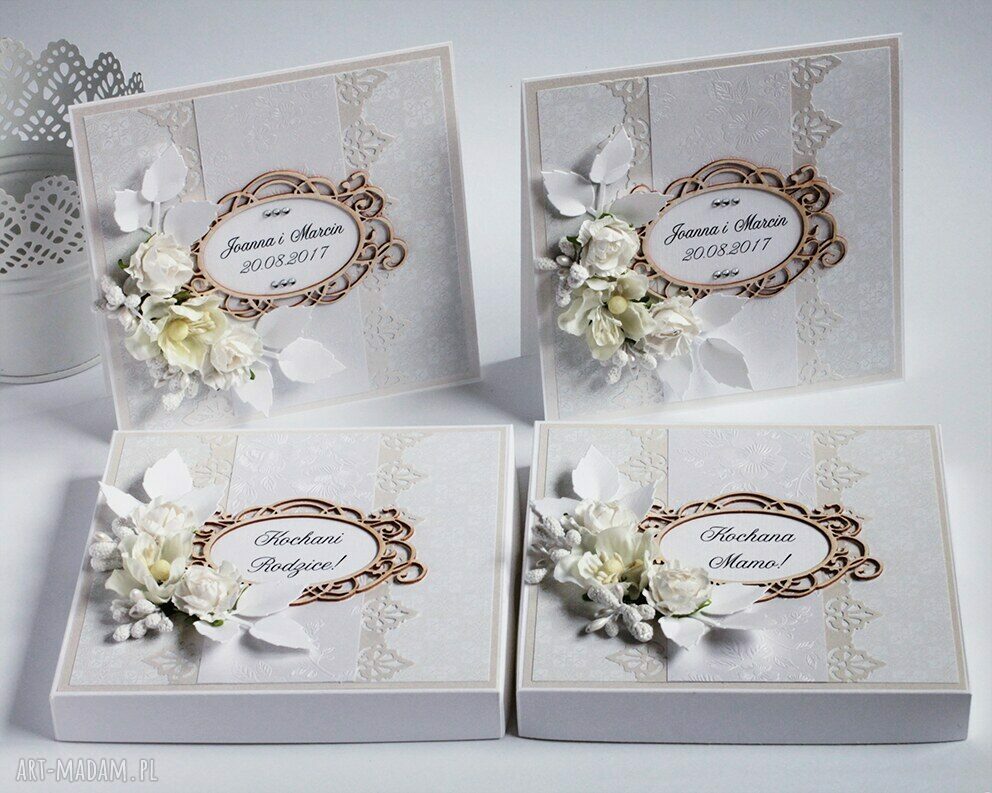Zaproszenia i podziękowania dla rodziców w stylu scrapbooking - białe kwiaty