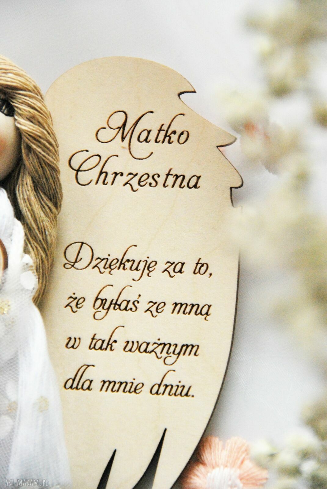 Podziękowanie dla chrzestnej matki - aniołek z dedykacją na Komunię i Chrzest