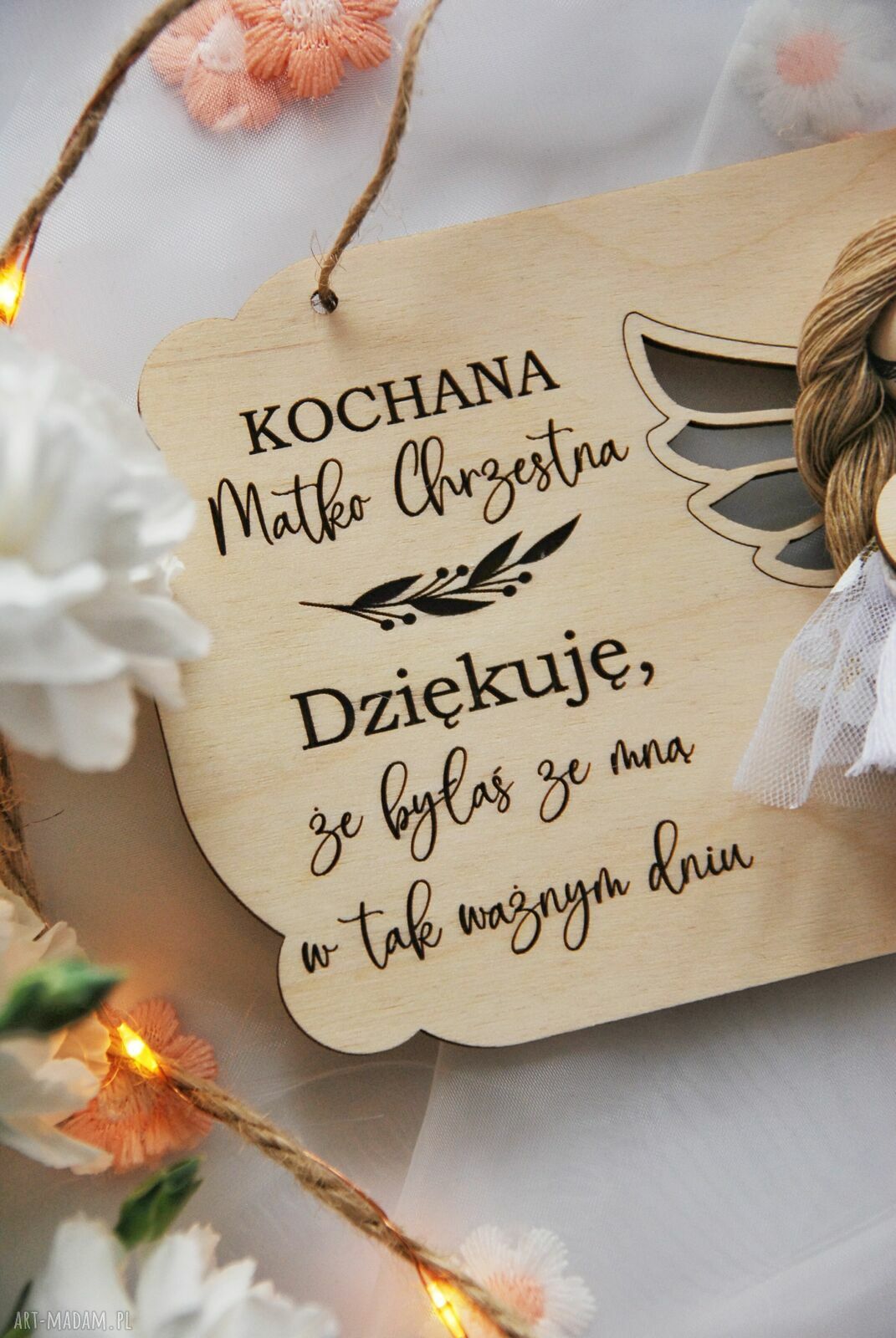 Podziękowanie dla Matki Chrzestnej - Anioł Stróż z drewnianą tabliczką