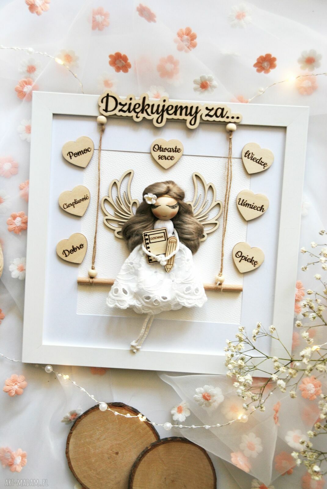 Podziękowanie dla nauczycielki - ręcznie wykonany anioł w ramce