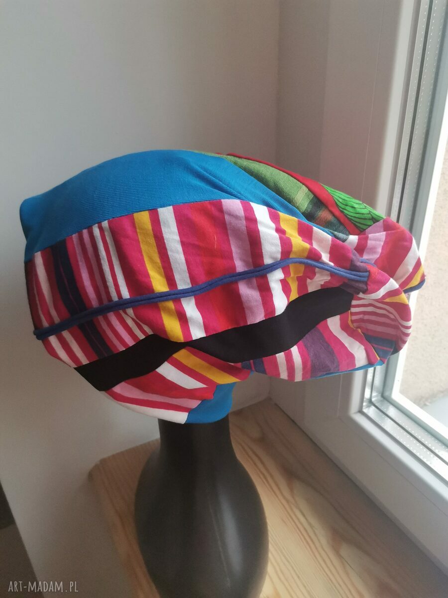 Czapka Smerfetka boho etno na podszewce - ręcznie farbowana