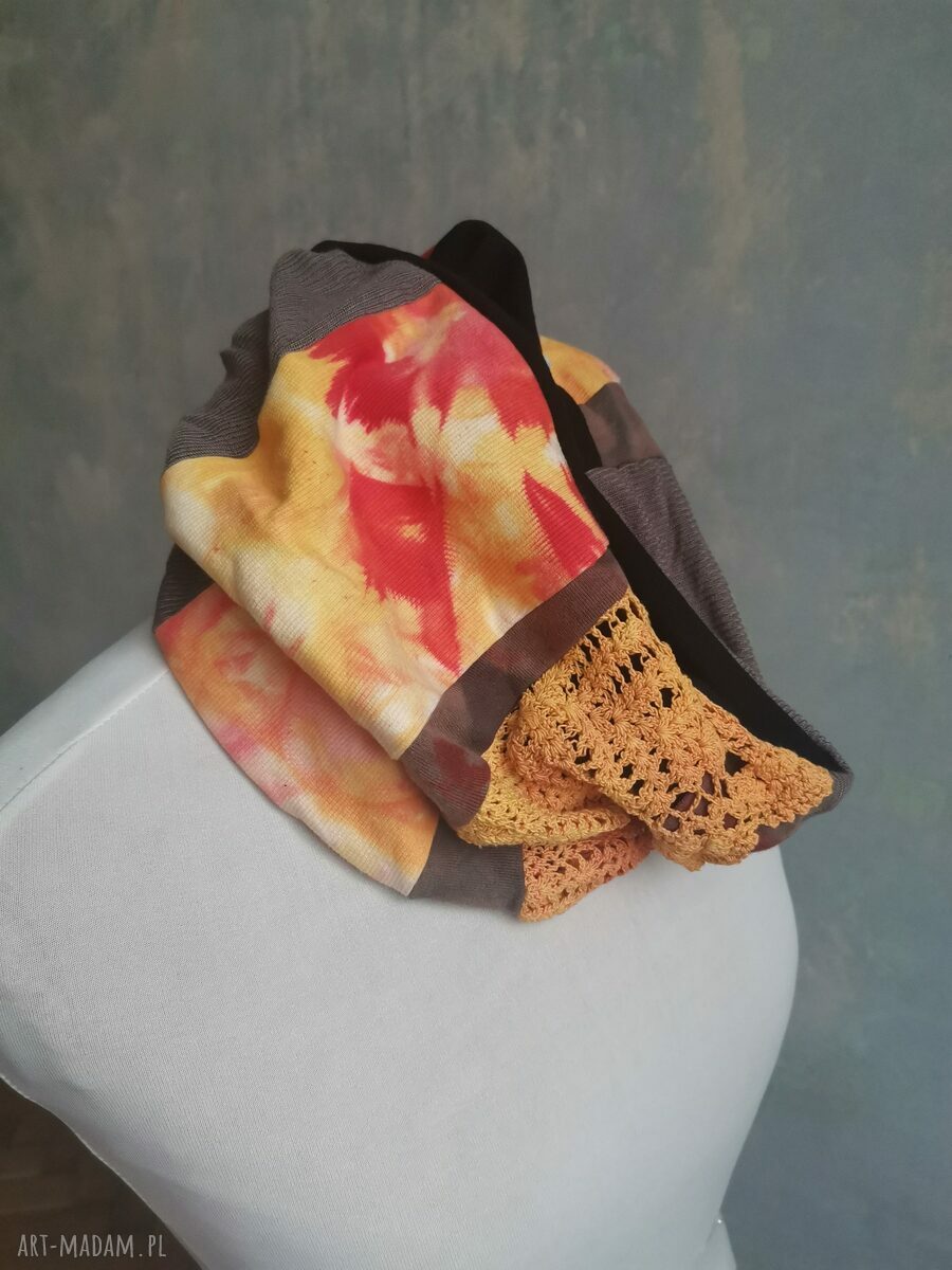 Komin patchworkowy etno boho z koralikami - jeden rozmiar na podszewce
