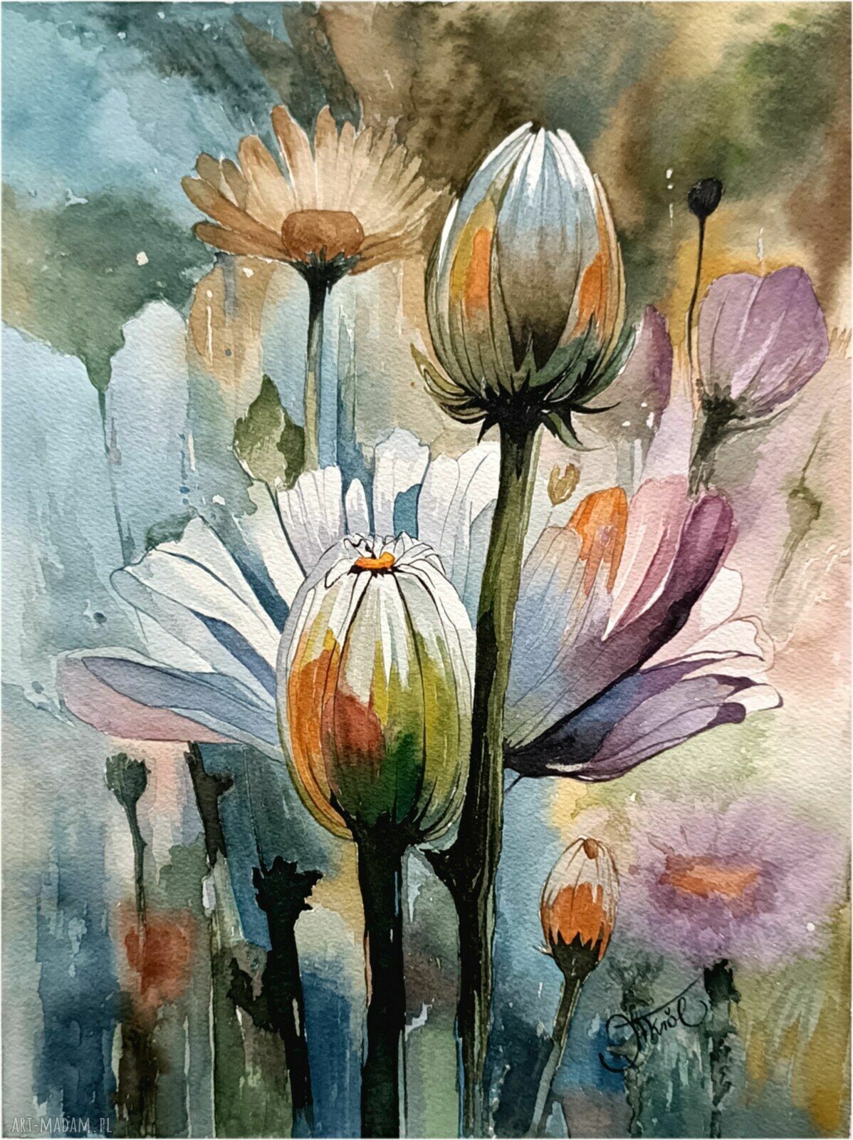Poezja kwiatów - akwarela 24x32 cm, abstrakcja natura oryginał