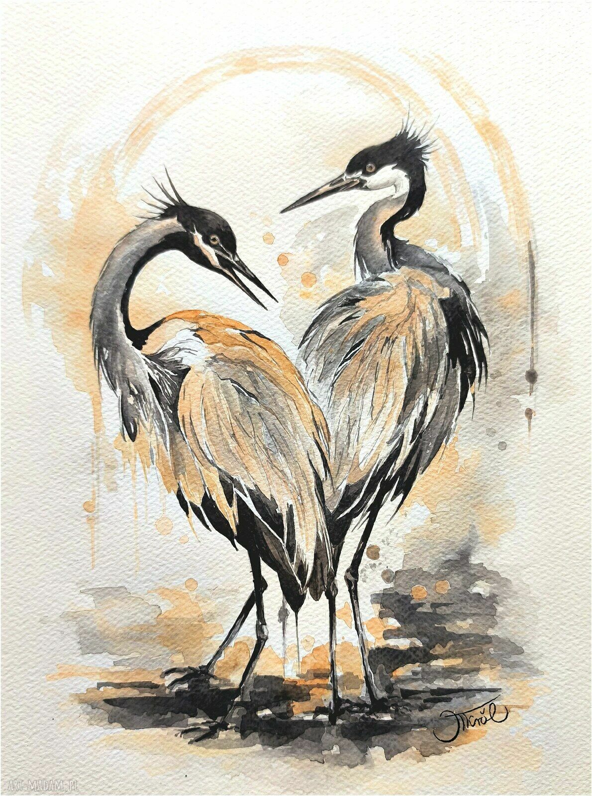 Poezja skrzydeł - oryginalna akwarela z żurawiami 24x32 cm