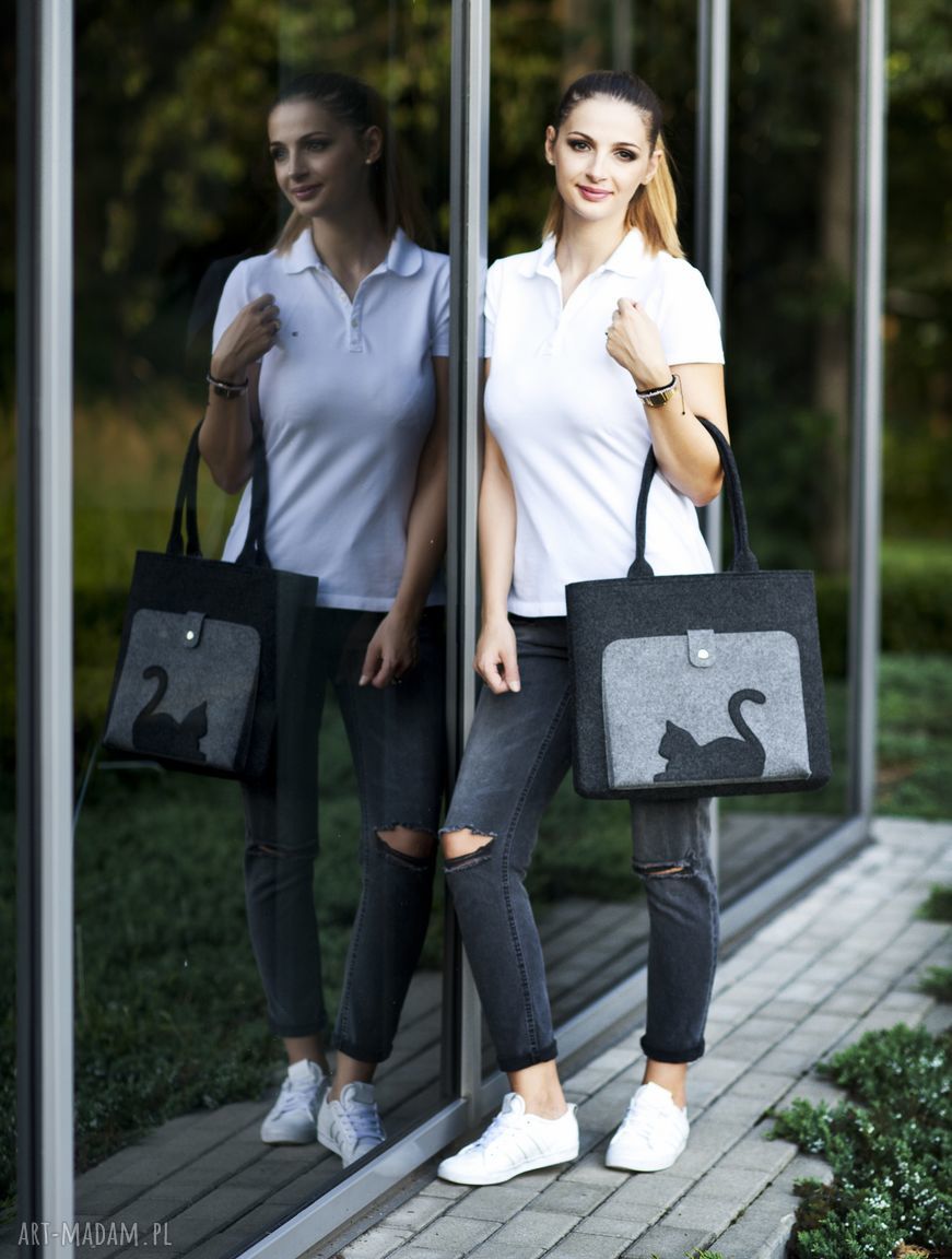 Pojemna, Filcowa Torba na ramię Grafitowa z kieszenią z kotem Ręcznie robione