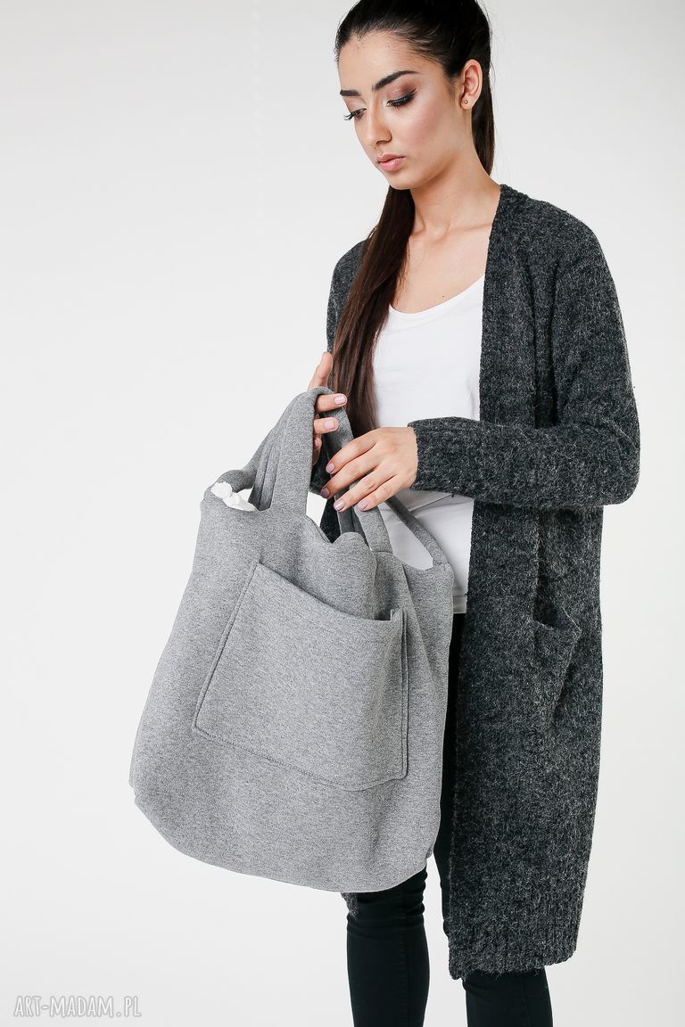 na ramię: torba dzianinowa worek szaro koralowa ręczne wykonanie