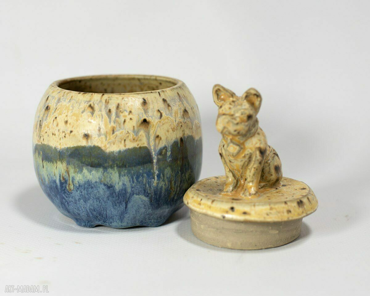 Pojemnik na sól lub cukier z buldożkiem - solniczka ceramiczna beż-niebieski