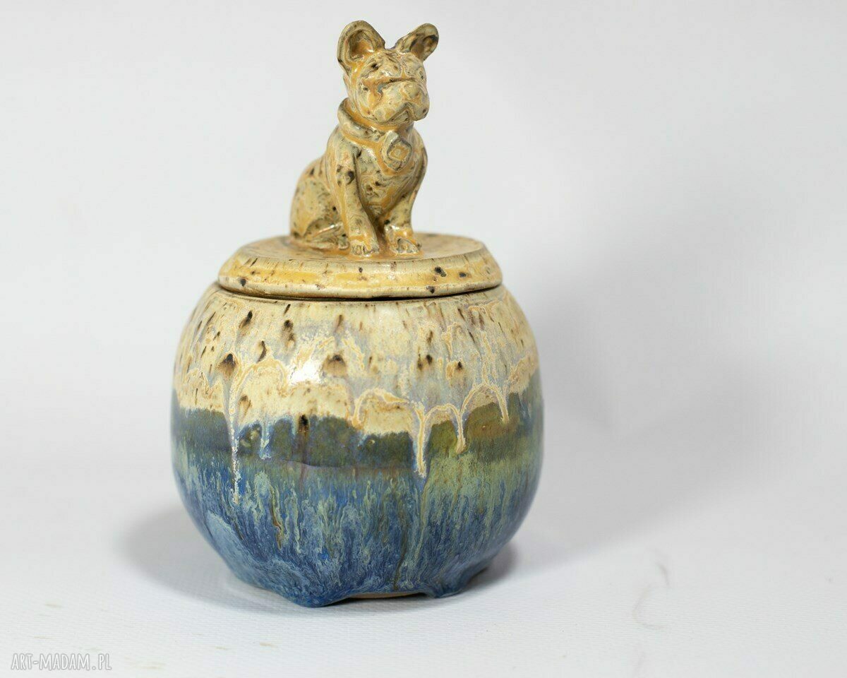 Pojemnik na sól lub cukier z buldożkiem - solniczka ceramiczna beż-niebieski