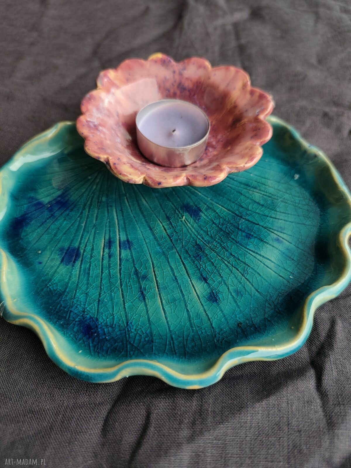 Zielony ceramiczny pojemnik na świeczkę lub biżuterię - rękodzieło