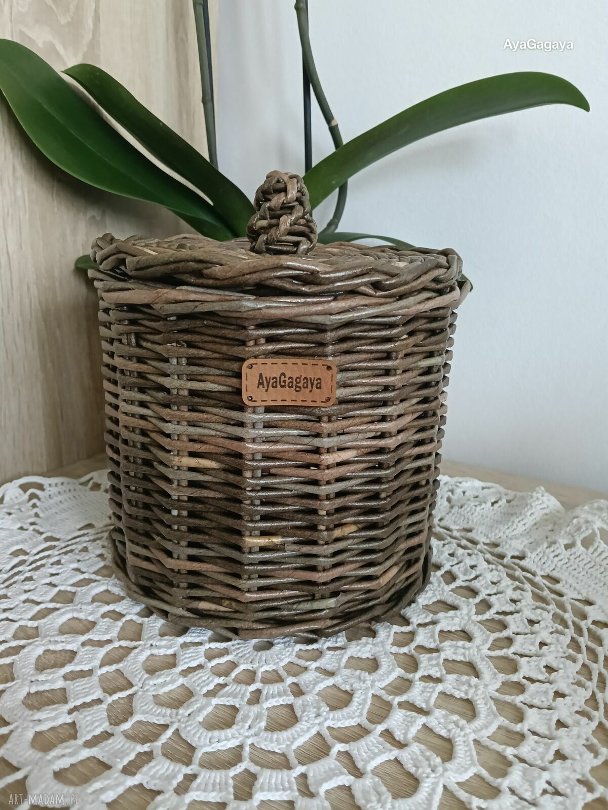 Pojemnik zamykany z pokrywką do łazienki z wikliny papierowej - ciemny brąz