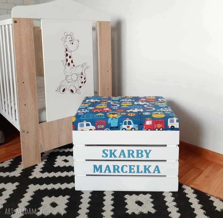 Personalizowana skrzynia na zabawki drewniana turkusowa dla chłopca - prezent na chrzest, roczek i Dzień Dziecka