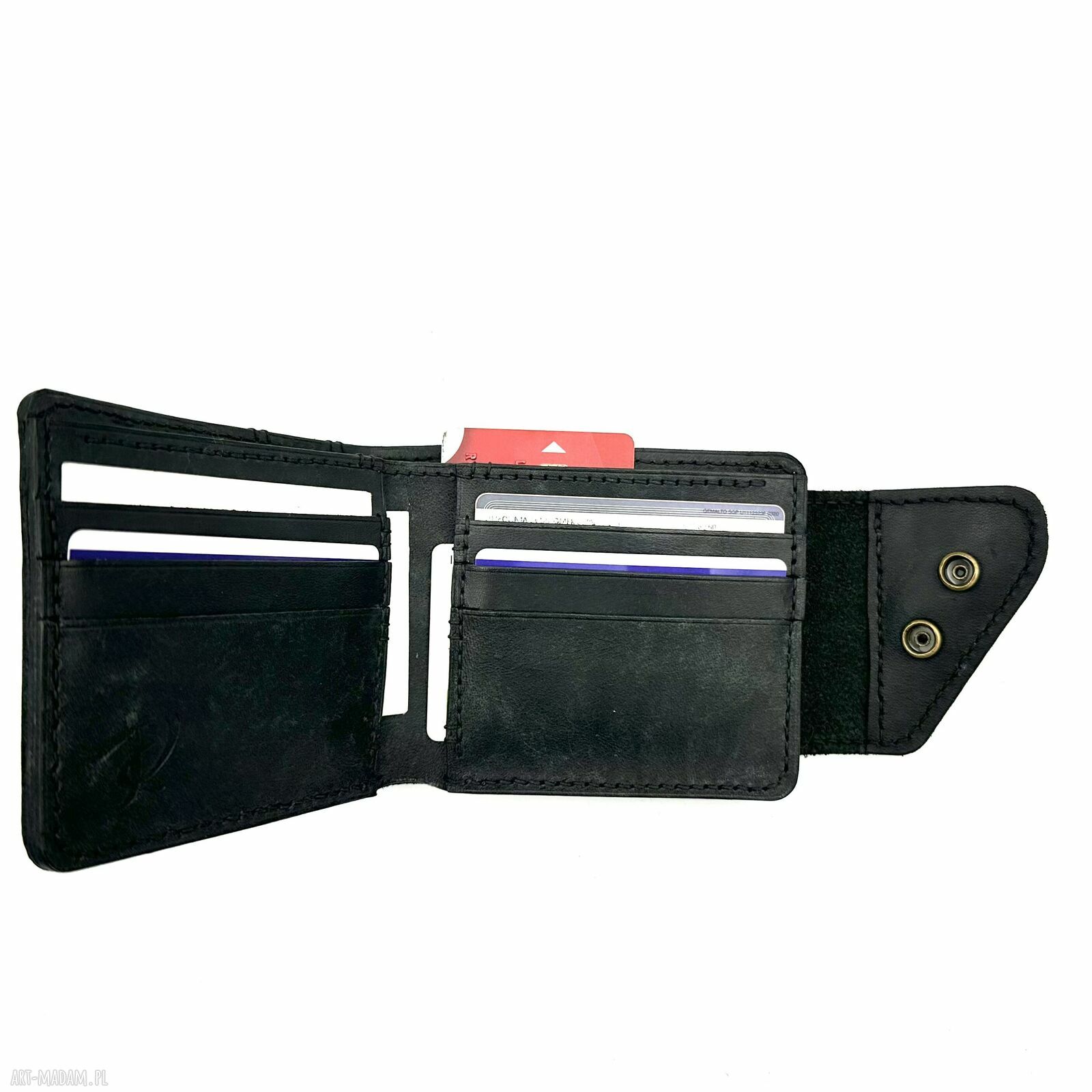 portfele: Pojemny czarny portfel skórzany ręcznie uszyty. Ręczne wykonanie