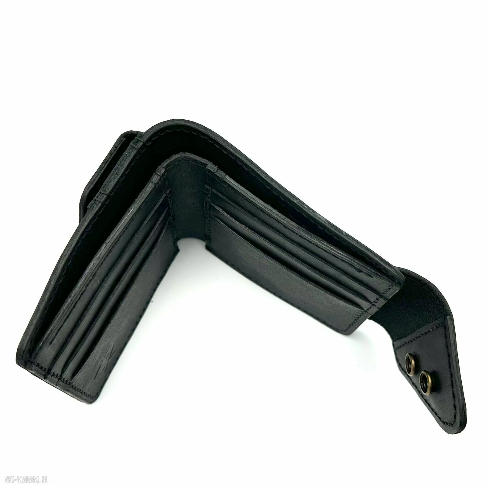 portfele: Pojemny czarny portfel skórzany ręcznie uszyty. Ręczne wykonanie